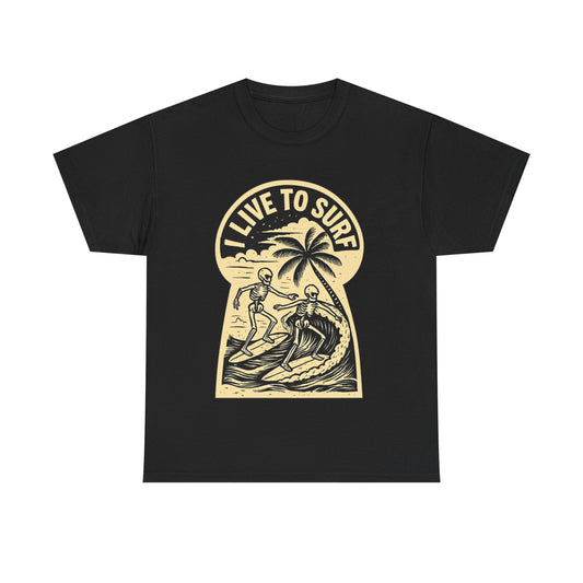 I Live To Surf Skeletons Surfing Hawaii Malibu T-Shirt - Retro Au Go Go