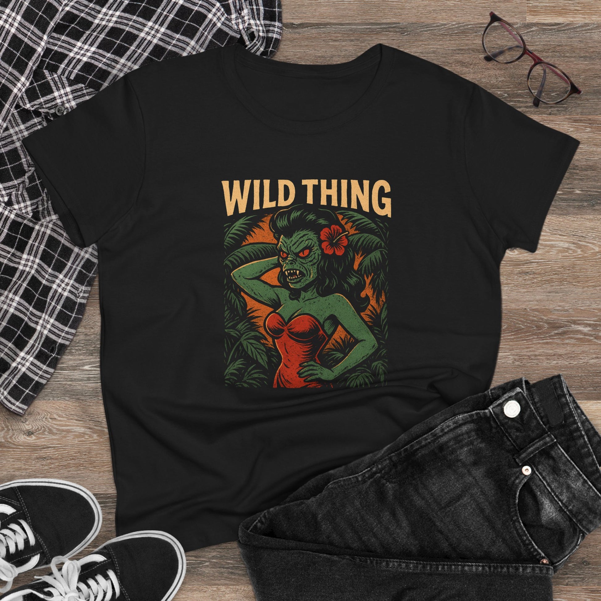 Wild Thing Rockabilly Monster Girl Tropical Kustom Kulture Womens T-Shirt - Retro Au Go Go