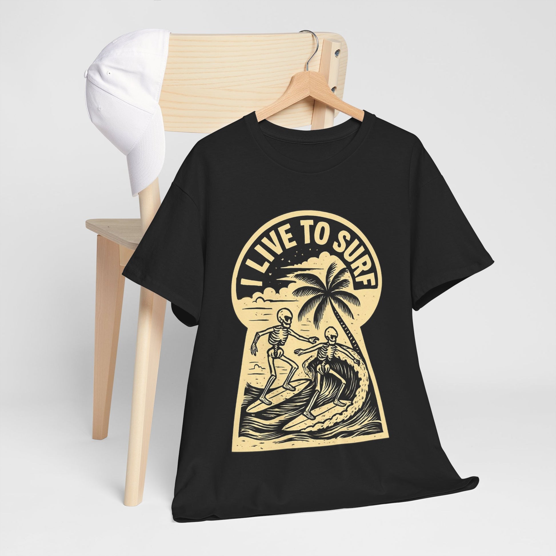 I Live To Surf Skeletons Surfing Hawaii Malibu T-Shirt - Retro Au Go Go