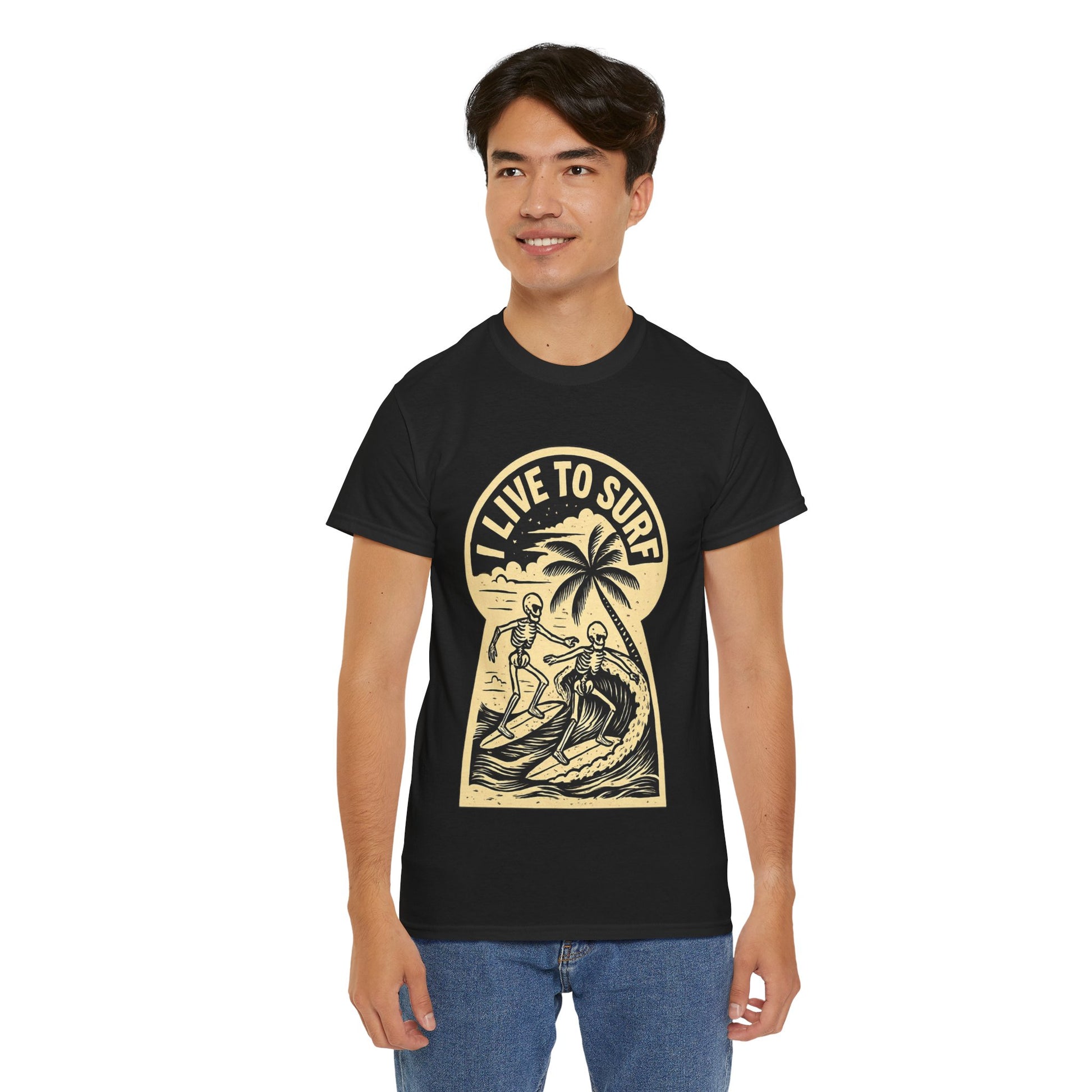 I Live To Surf Skeletons Surfing Hawaii Malibu T-Shirt - Retro Au Go Go