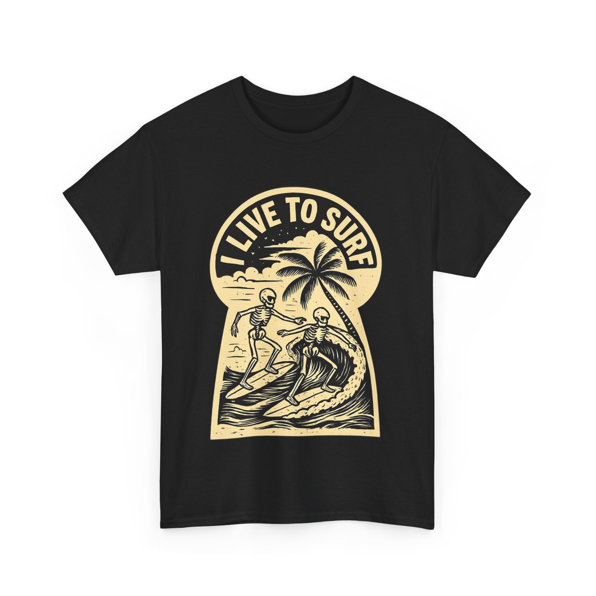 I Live To Surf Skeletons Surfing Hawaii Malibu T-Shirt - Retro Au Go Go