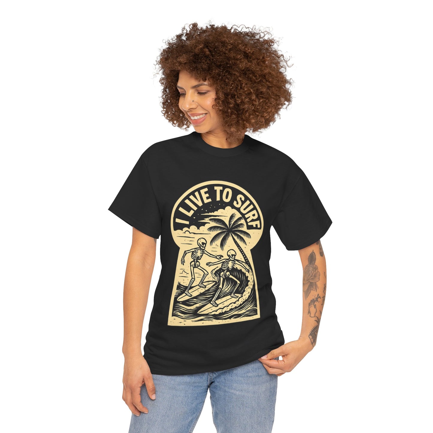 I Live To Surf Skeletons Surfing Hawaii Malibu T-Shirt - Retro Au Go Go