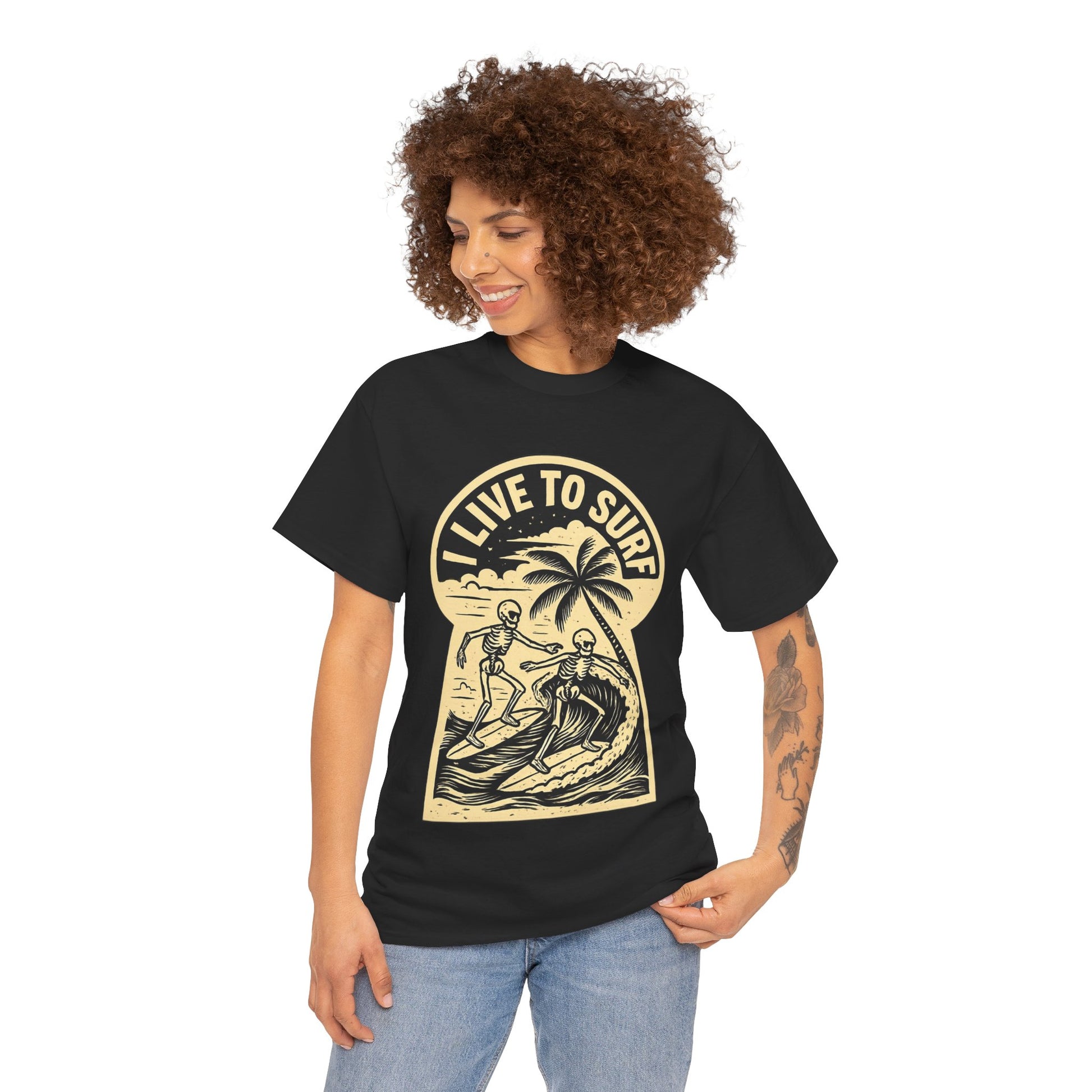 I Live To Surf Skeletons Surfing Hawaii Malibu T-Shirt - Retro Au Go Go