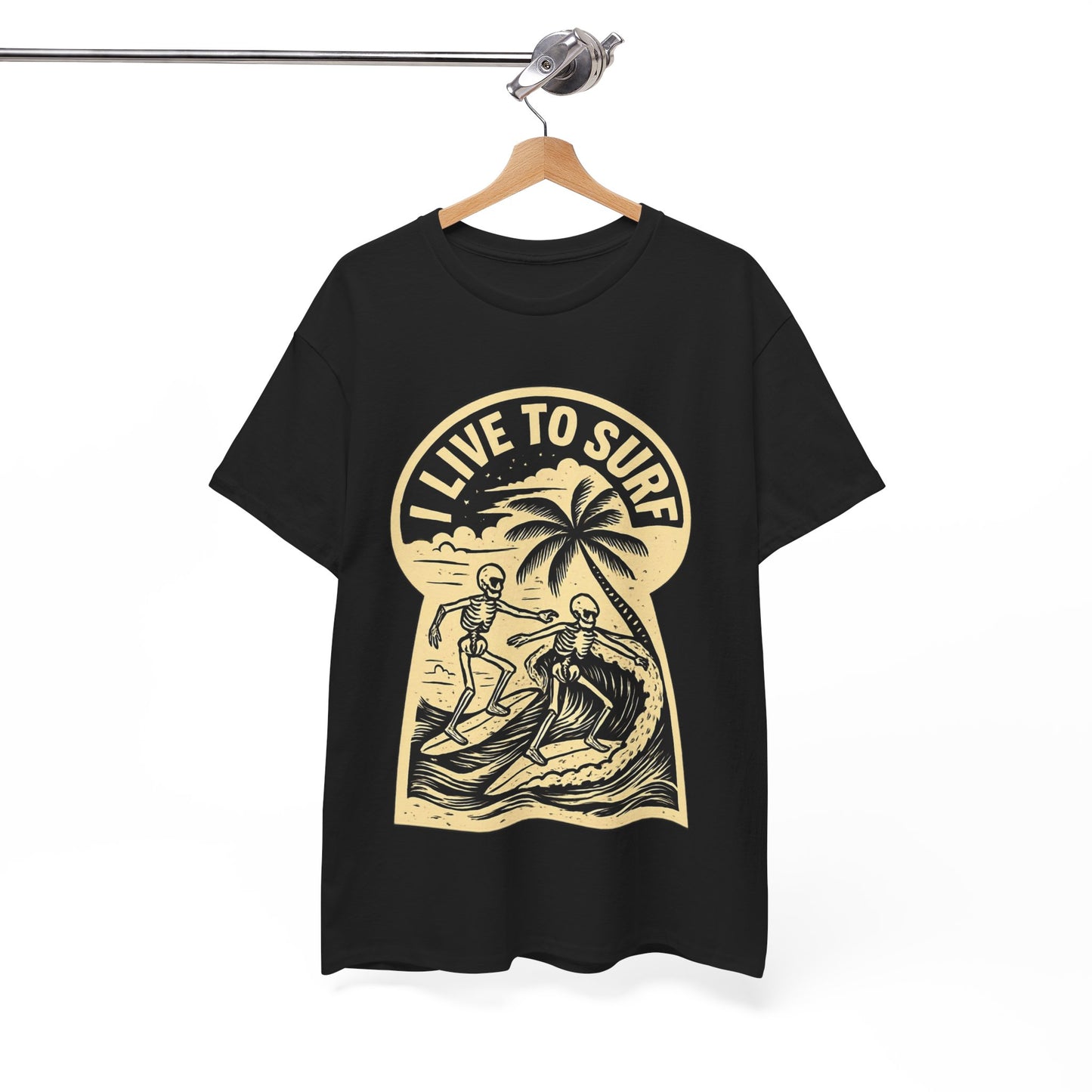I Live To Surf Skeletons Surfing Hawaii Malibu T-Shirt - Retro Au Go Go