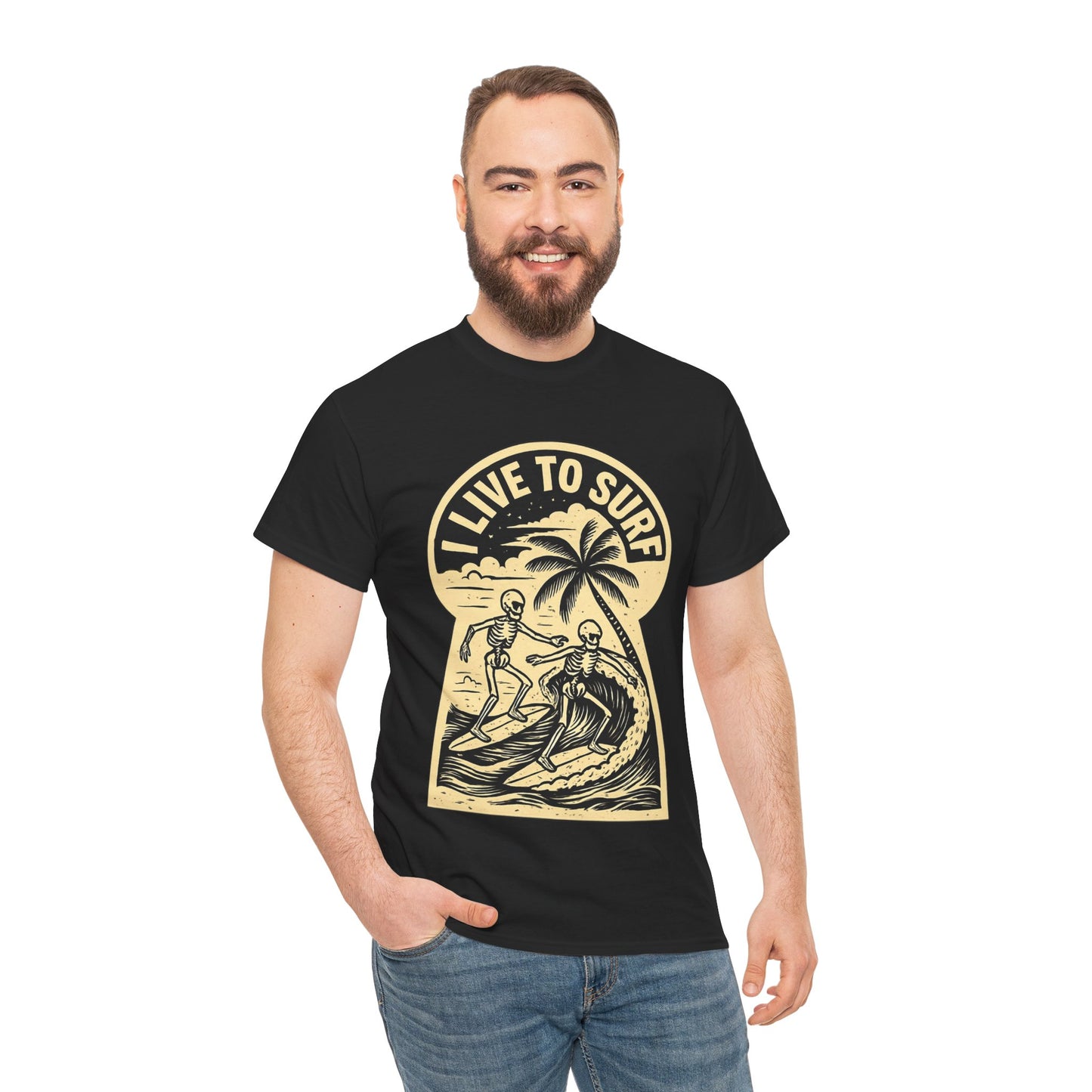 I Live To Surf Skeletons Surfing Hawaii Malibu T-Shirt - Retro Au Go Go