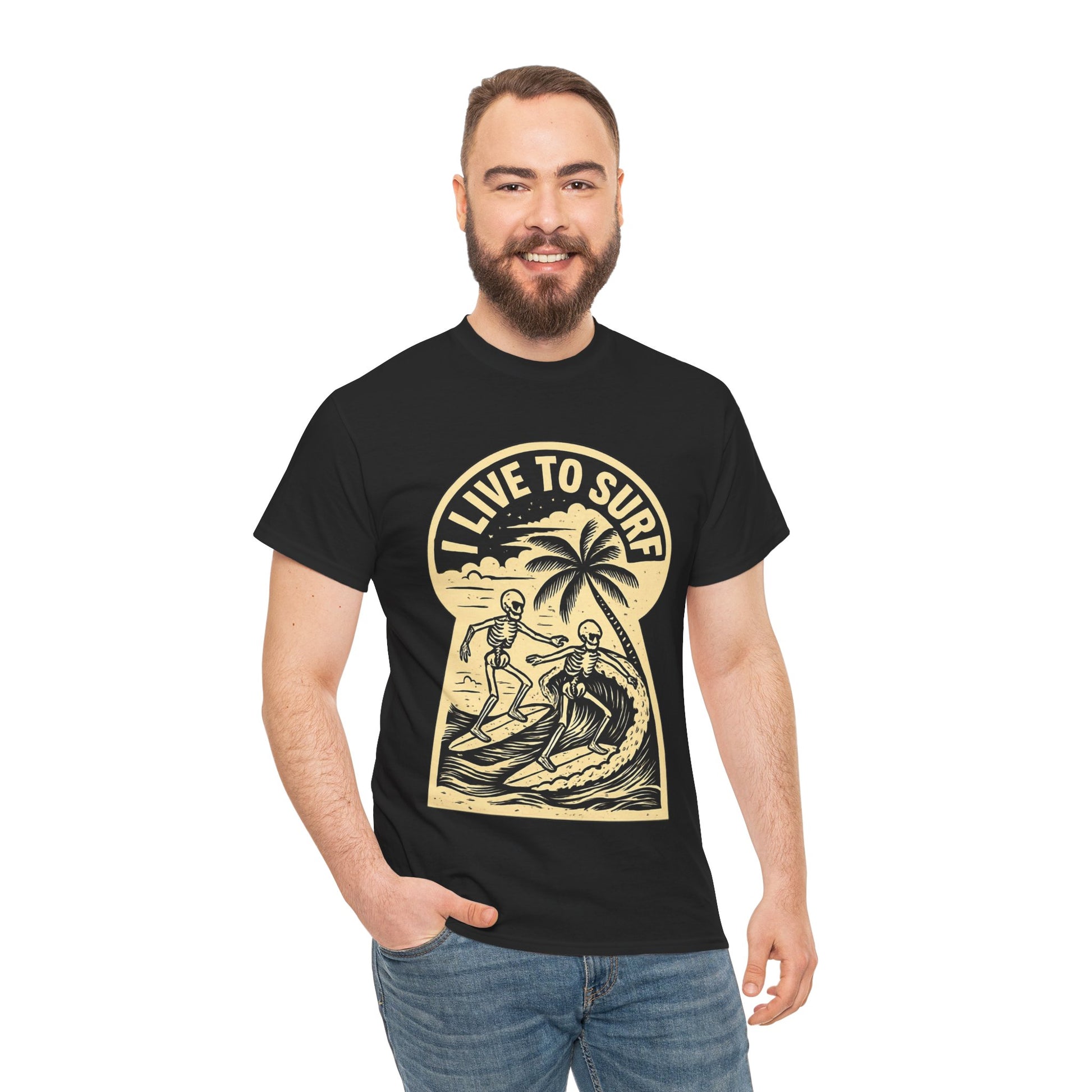 I Live To Surf Skeletons Surfing Hawaii Malibu T-Shirt - Retro Au Go Go