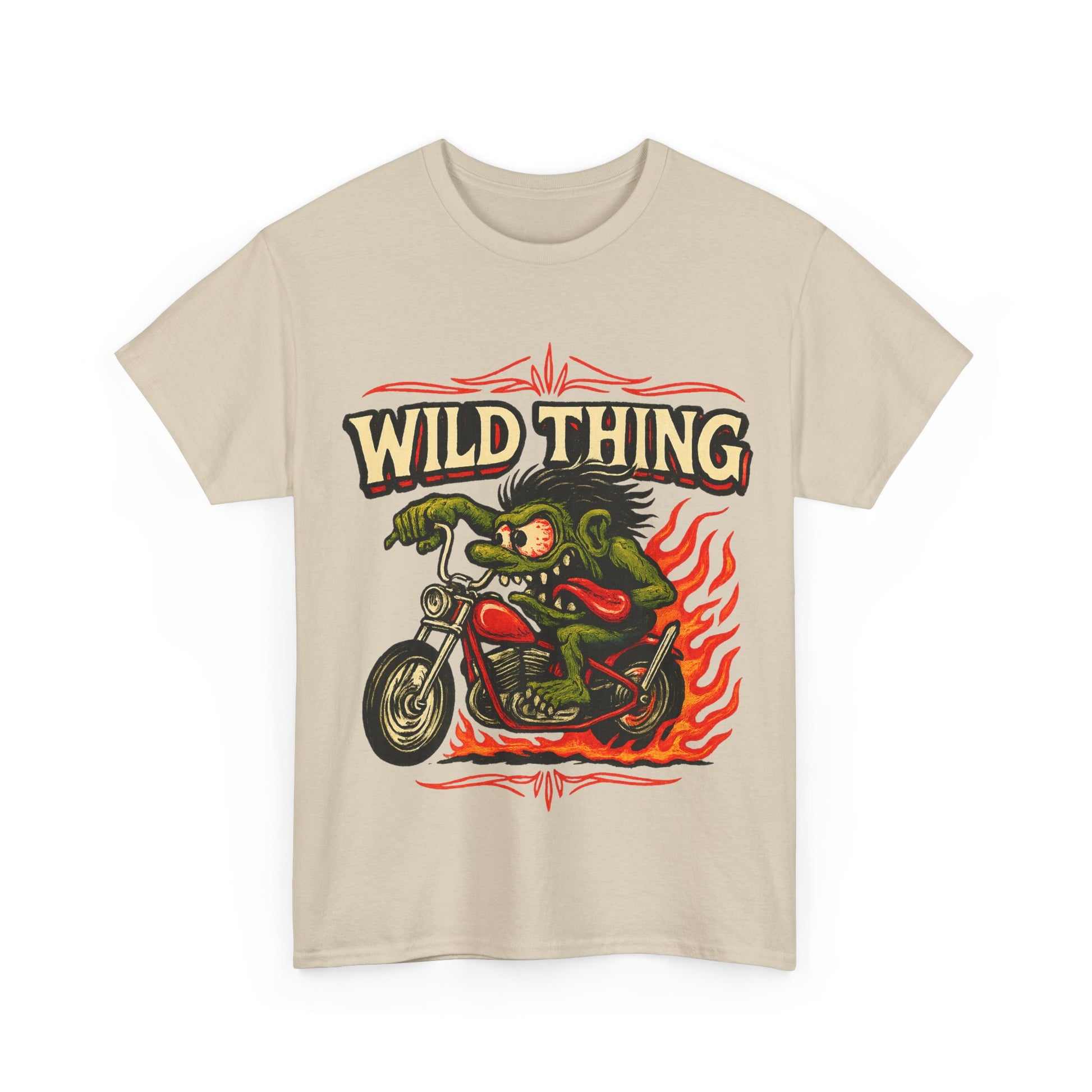Wild Thing – Fire - Breathing Greaser Biker from Hell’s Highway T-Shirt - Retro Au Go Go