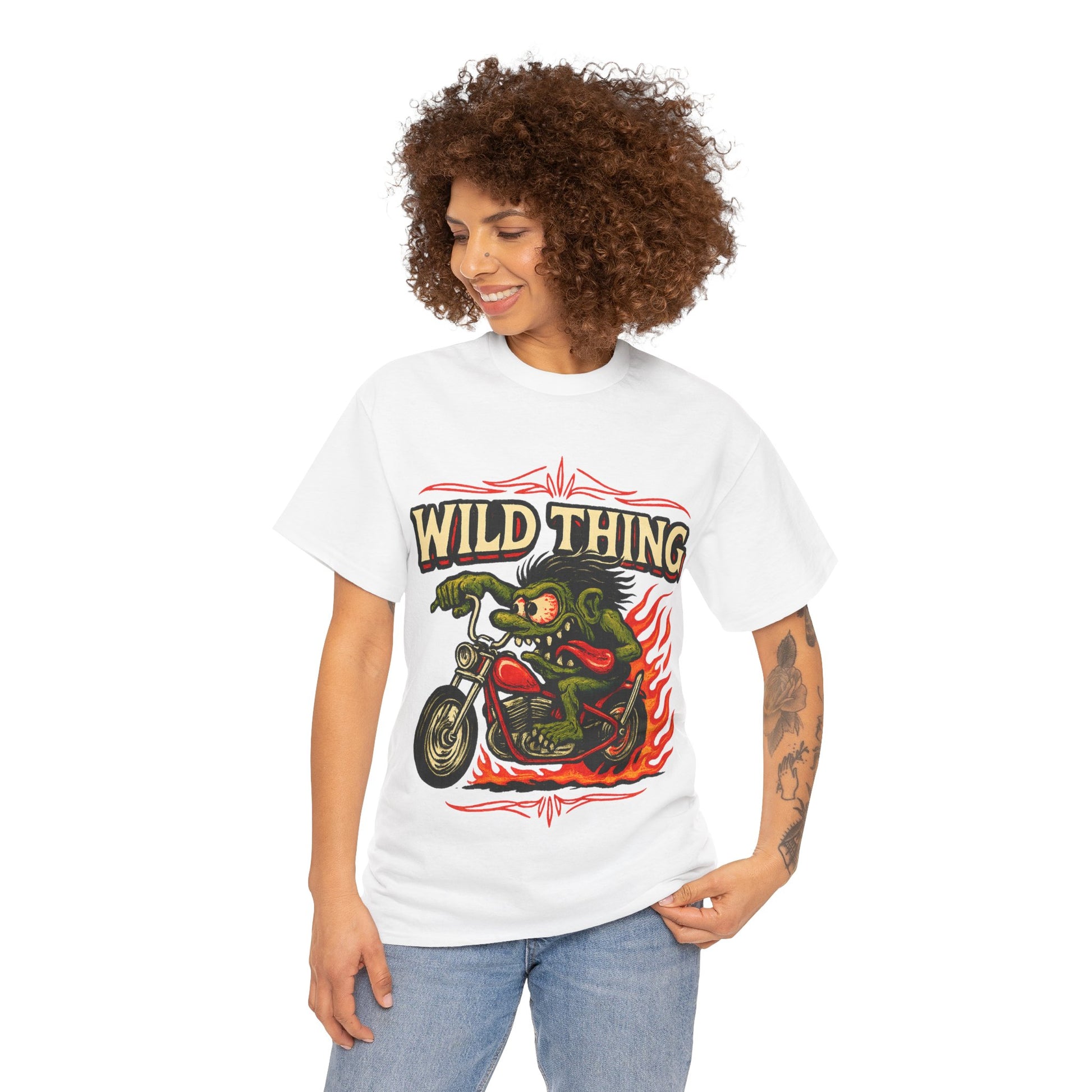 Wild Thing – Fire - Breathing Greaser Biker from Hell’s Highway T-Shirt - Retro Au Go Go