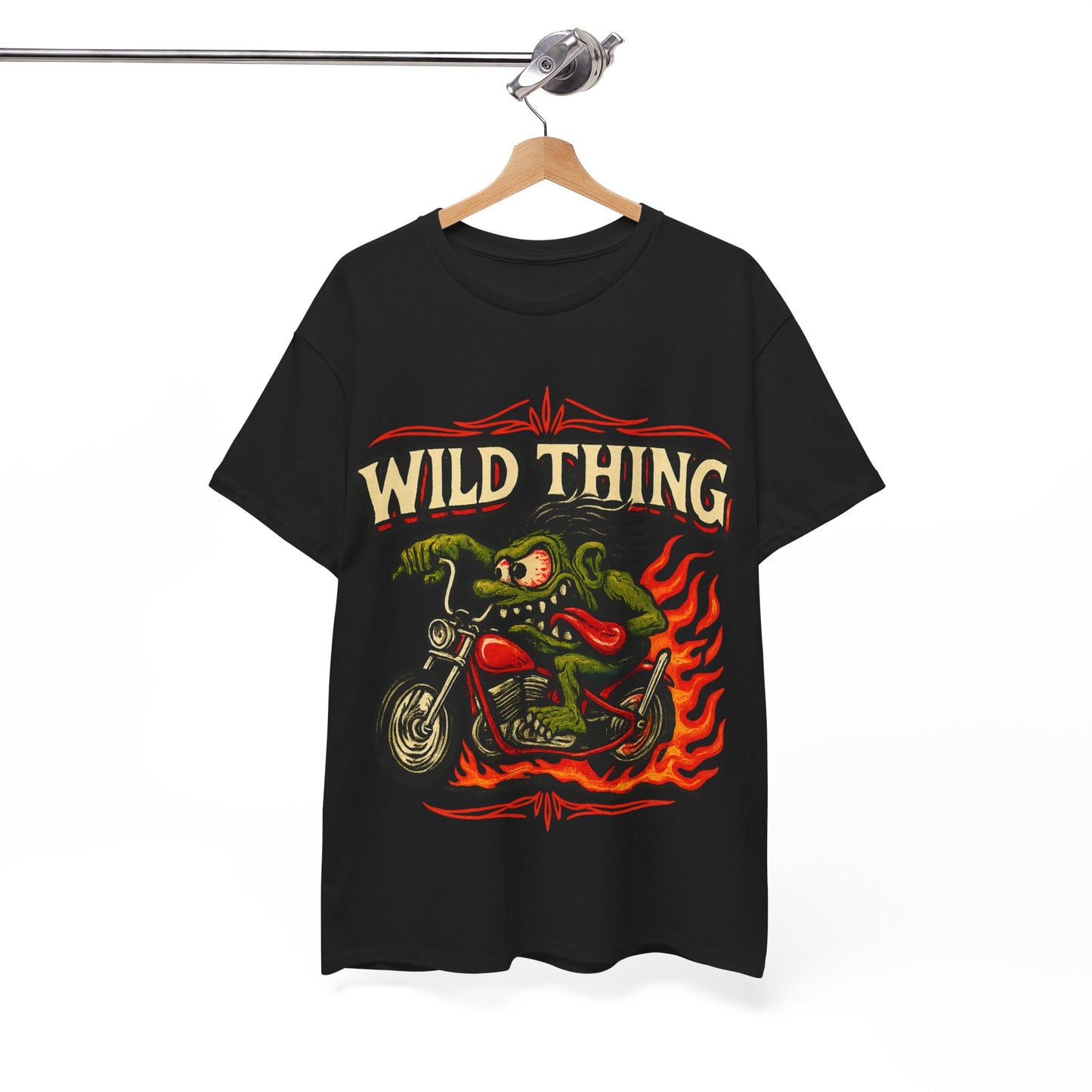 Wild Thing – Fire - Breathing Greaser Biker from Hell’s Highway T-Shirt - Retro Au Go Go