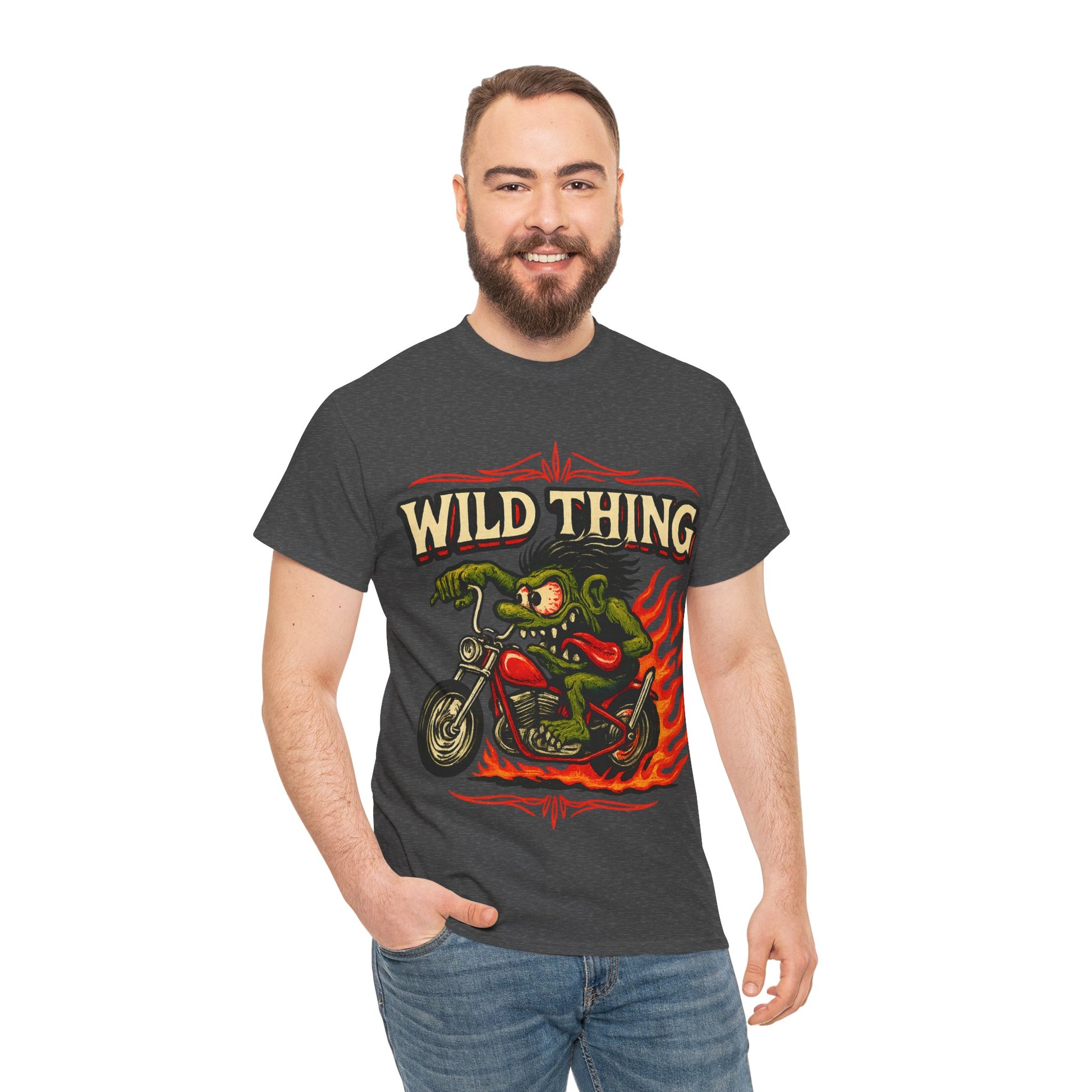 Wild Thing – Fire - Breathing Greaser Biker from Hell’s Highway T-Shirt - Retro Au Go Go