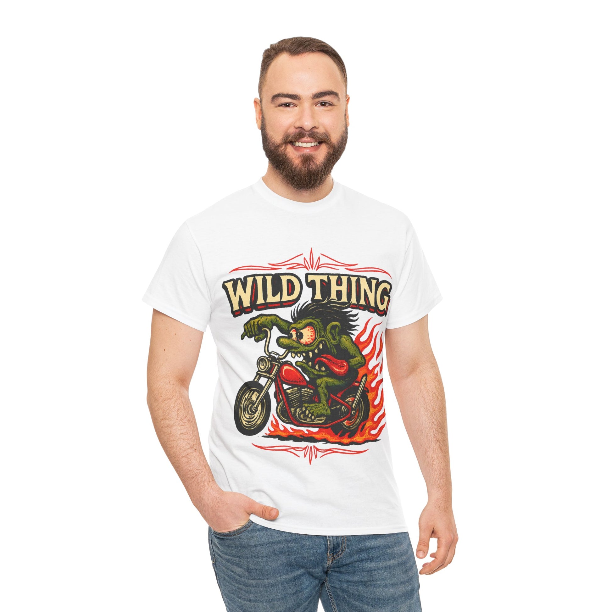 Wild Thing – Fire - Breathing Greaser Biker from Hell’s Highway T-Shirt - Retro Au Go Go