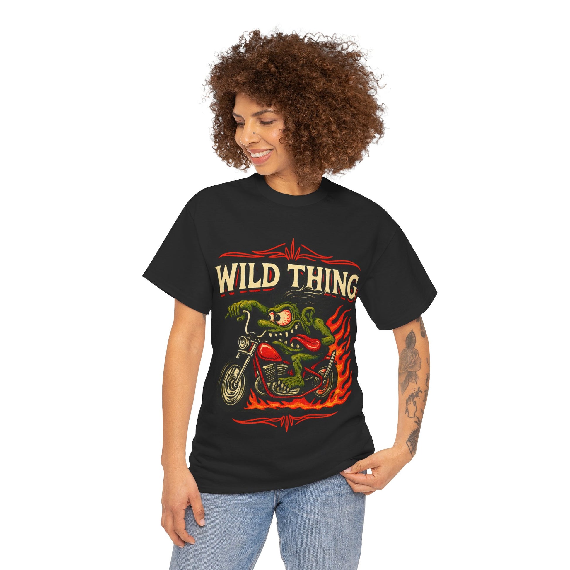 Wild Thing – Fire - Breathing Greaser Biker from Hell’s Highway T-Shirt - Retro Au Go Go