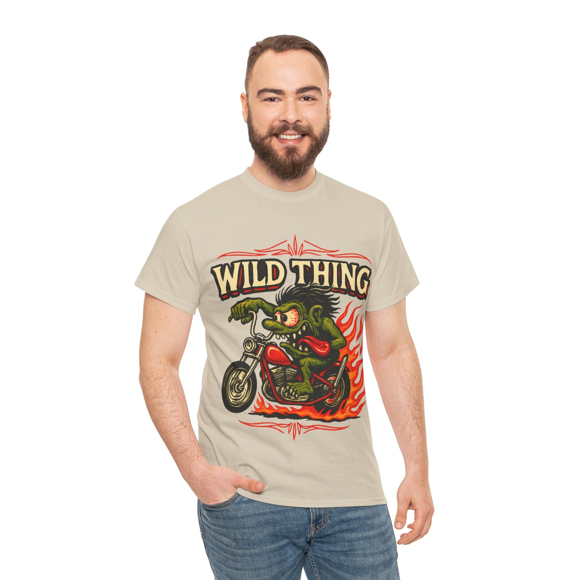 Wild Thing – Fire - Breathing Greaser Biker from Hell’s Highway T-Shirt - Retro Au Go Go