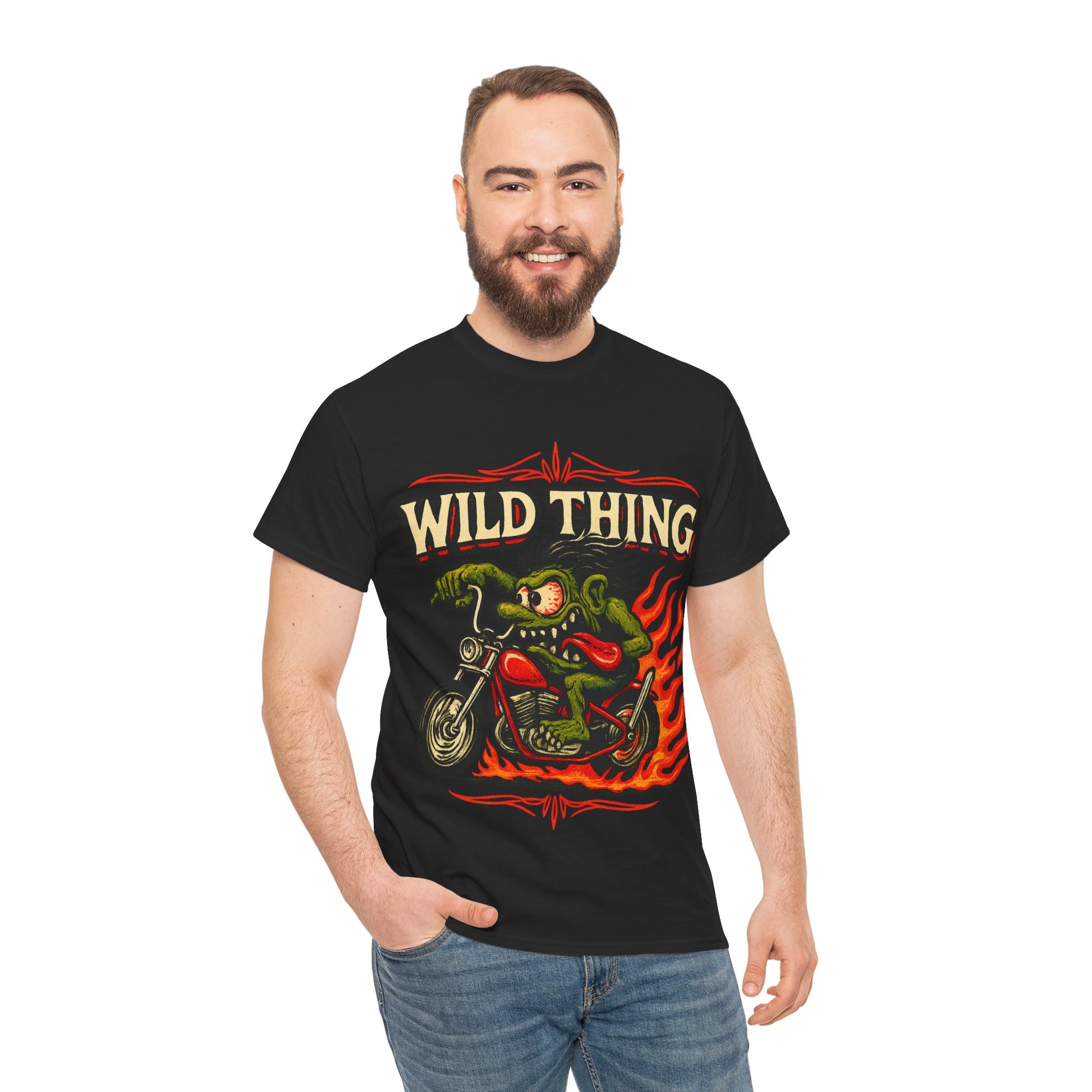 Wild Thing – Fire - Breathing Greaser Biker from Hell’s Highway T-Shirt - Retro Au Go Go